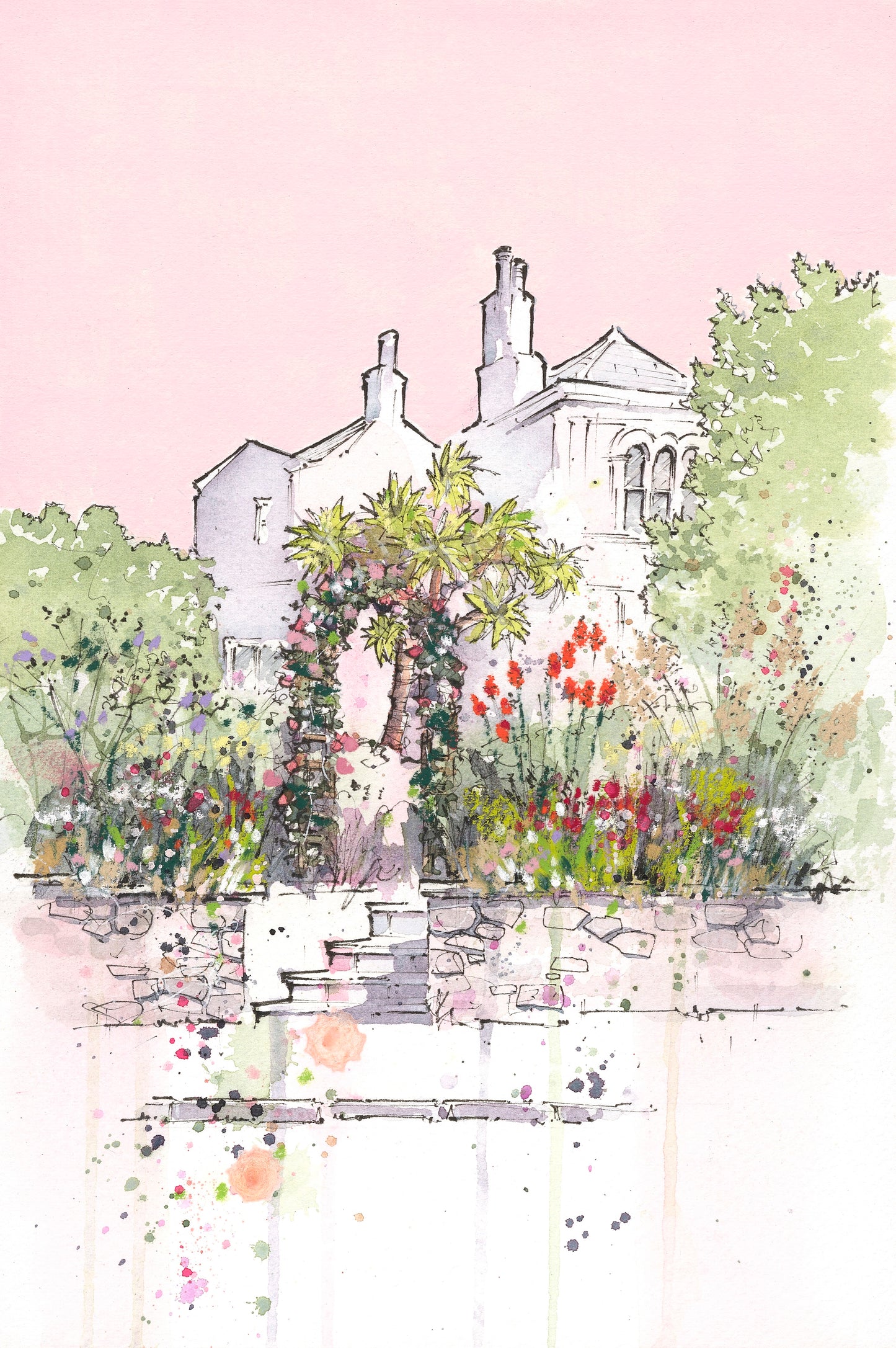 Babbacombe Bay Rose Garden - Mixed Media Original A4 in A3 Mount