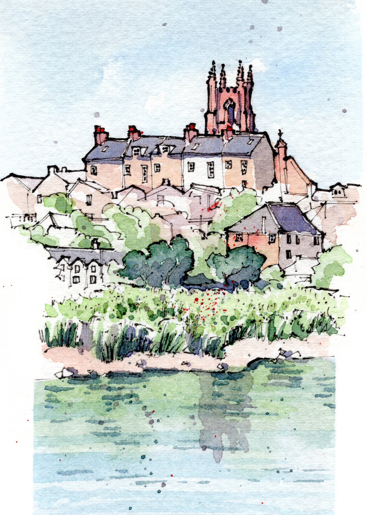 Totnes, River Dart towards St John's Church — Original Miniature, A6, Double Mounted
