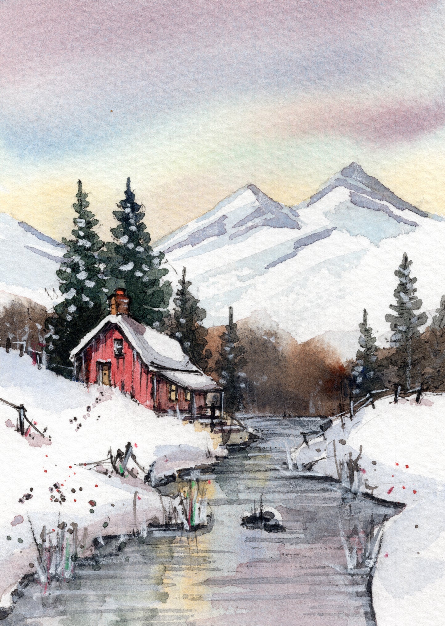 Mountain cabin reflected in frozen creek - ORIGINAL, MOUNTED