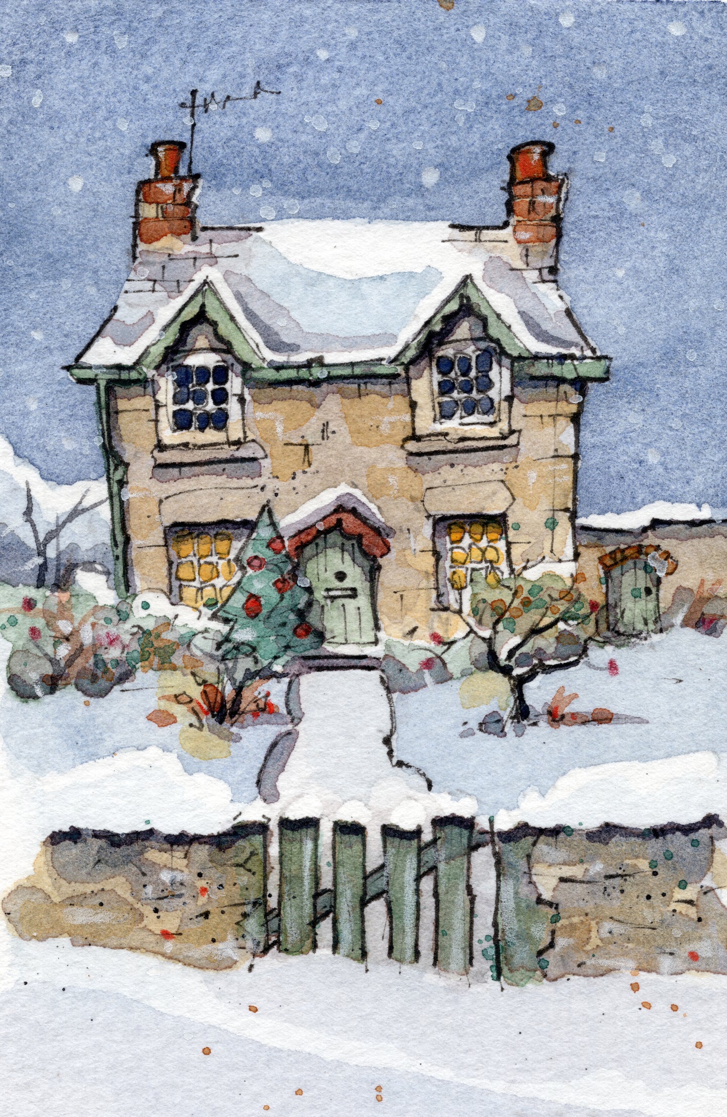 Cotswolds Christmas Cottage - MINIATURE ART, MOUNTED