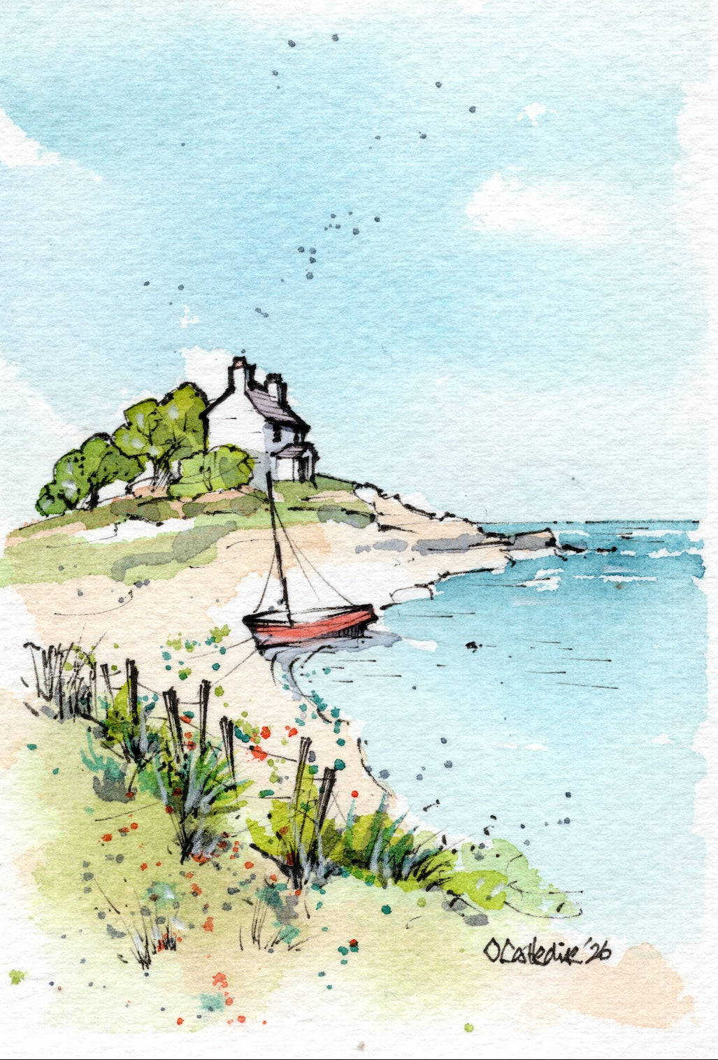 original ink and watercolour art cottage by the sea