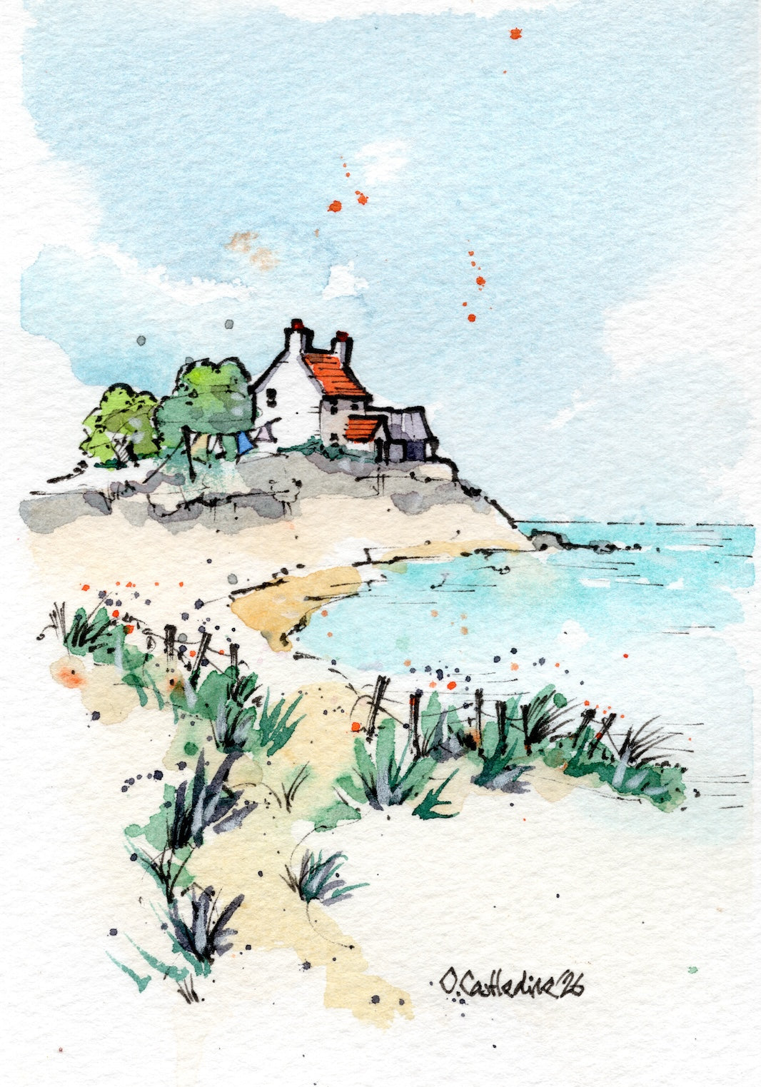 Watercolor landscape painting of a coastal scene with a small white house on a cliff above a sandy beach and turquoise sea under a pale blue sky.
