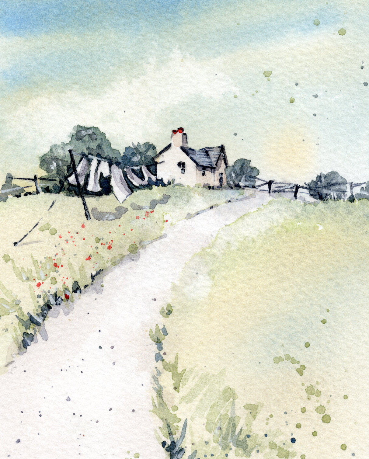 Windy Wash Day - Pure Watercolour Original Springtime Art, MOUNTED