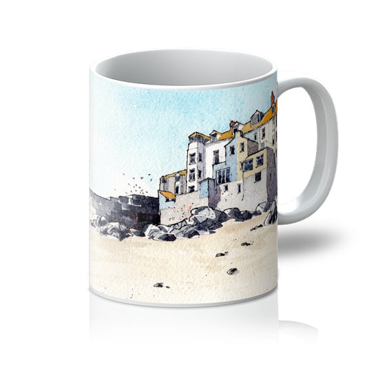 Ceramic Mug featuring art print of bamaluz beach st ives Cornwall