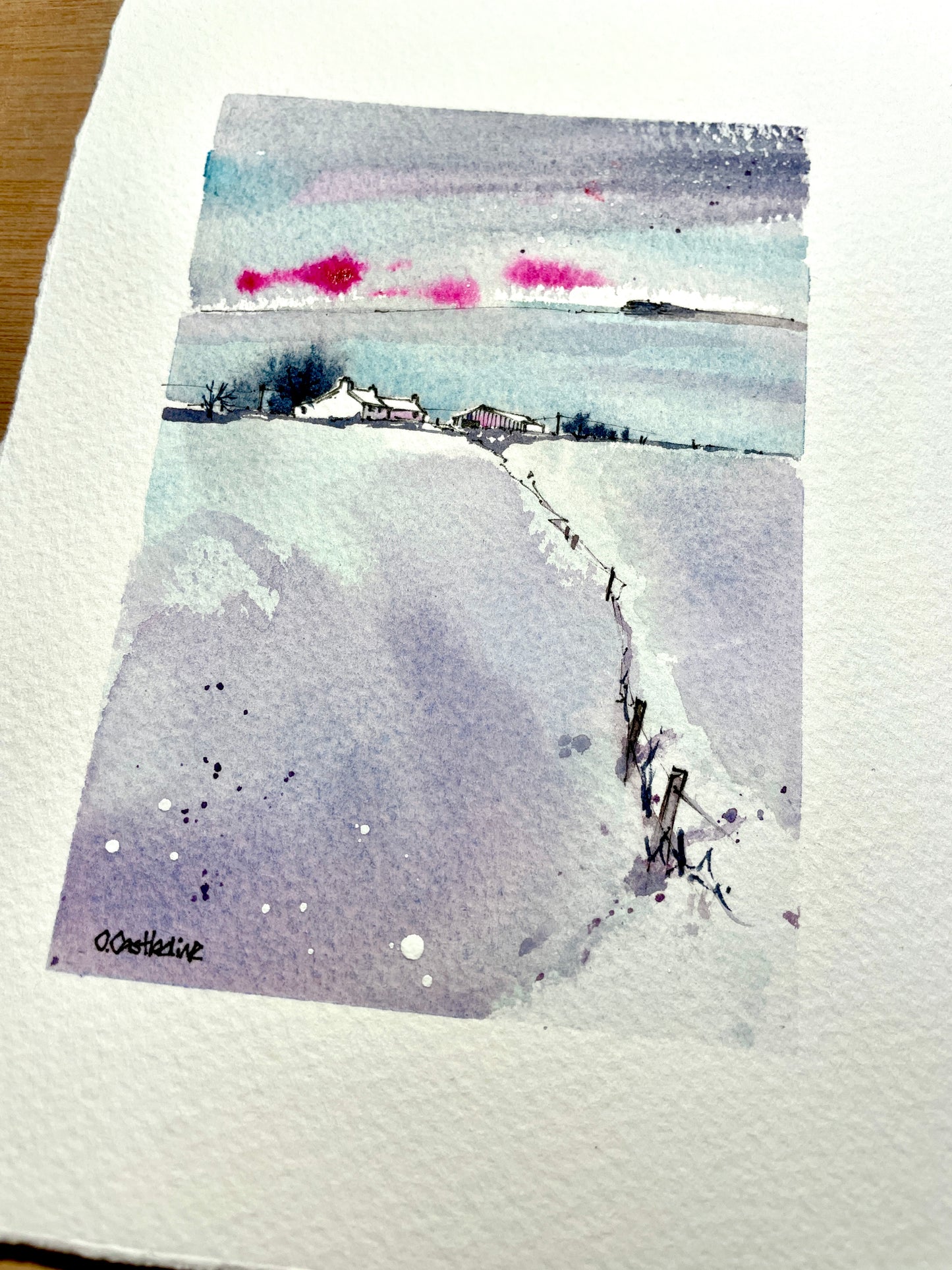Moorland Farm Under Pink Sky - Original Watercolour