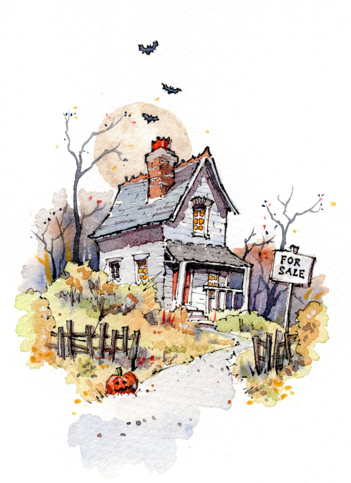 Watercolor illustration of a haunted house with a 'For Sale' sign, bats in the sky, a full moon, bare trees, and a pumpkin on a white background. Halloween Greetings Card
