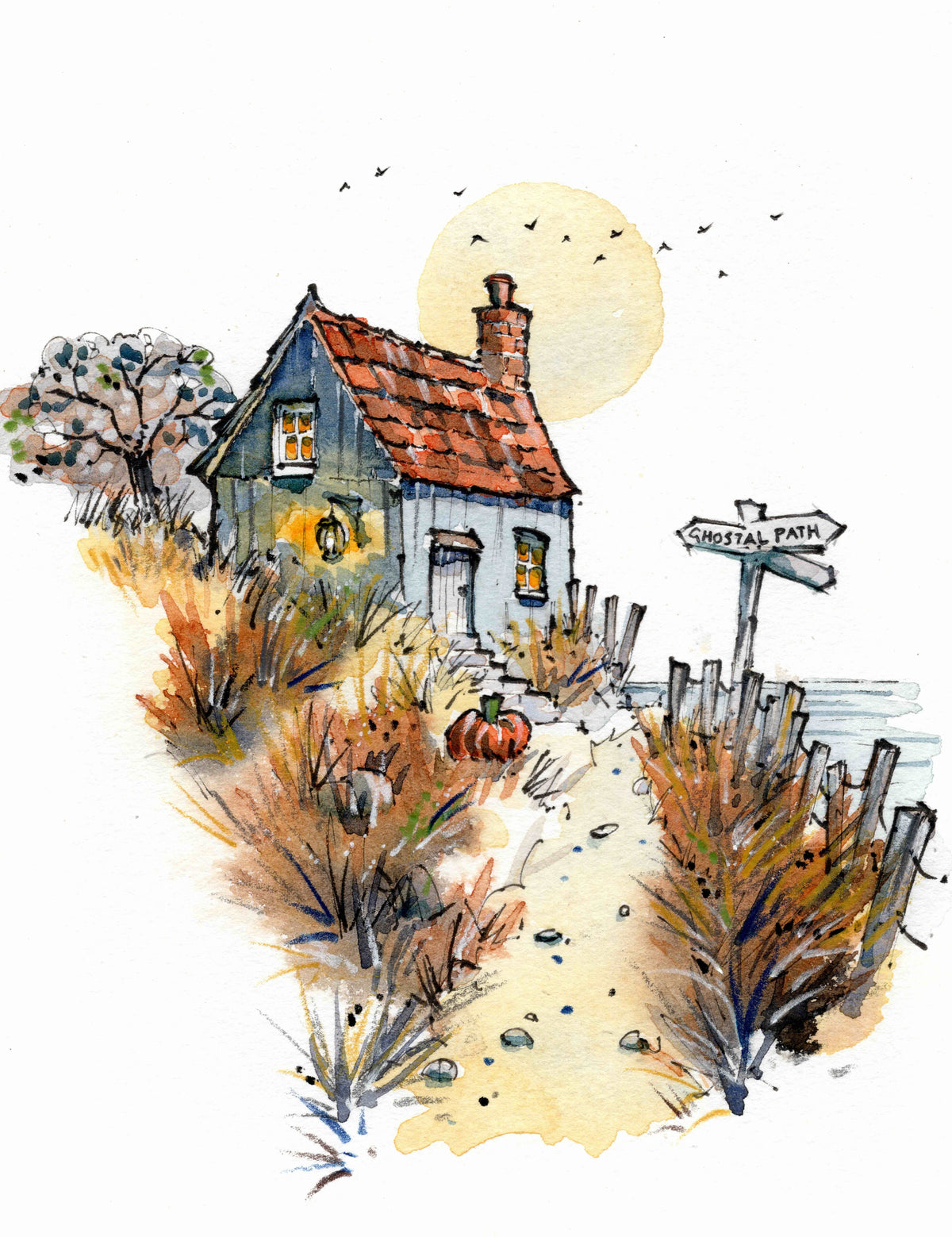 Watercolor landscape artwork showing a small cottage with a red-tiled roof beside a path marked 'CROSSLAND PATH,' with autumn grasses, pumpkins, birds, and a pale sun on a white background. Spooky halloween card