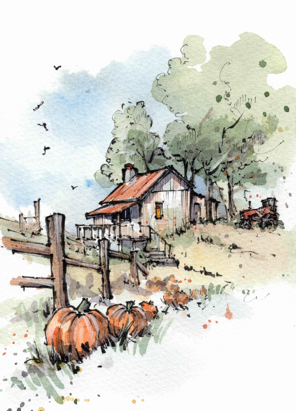 Watercolor painting of a rustic farm scene with a small house, wooden fence, pumpkins in the foreground, trees, and a tractor, signed in the lower right corner. Old pumpkin farm greetings halloween card
