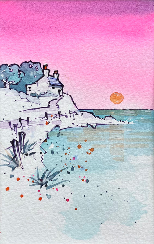 Imagined Coasts No.12 – Sunset in Pink, Acrylic Ink and Watercolour