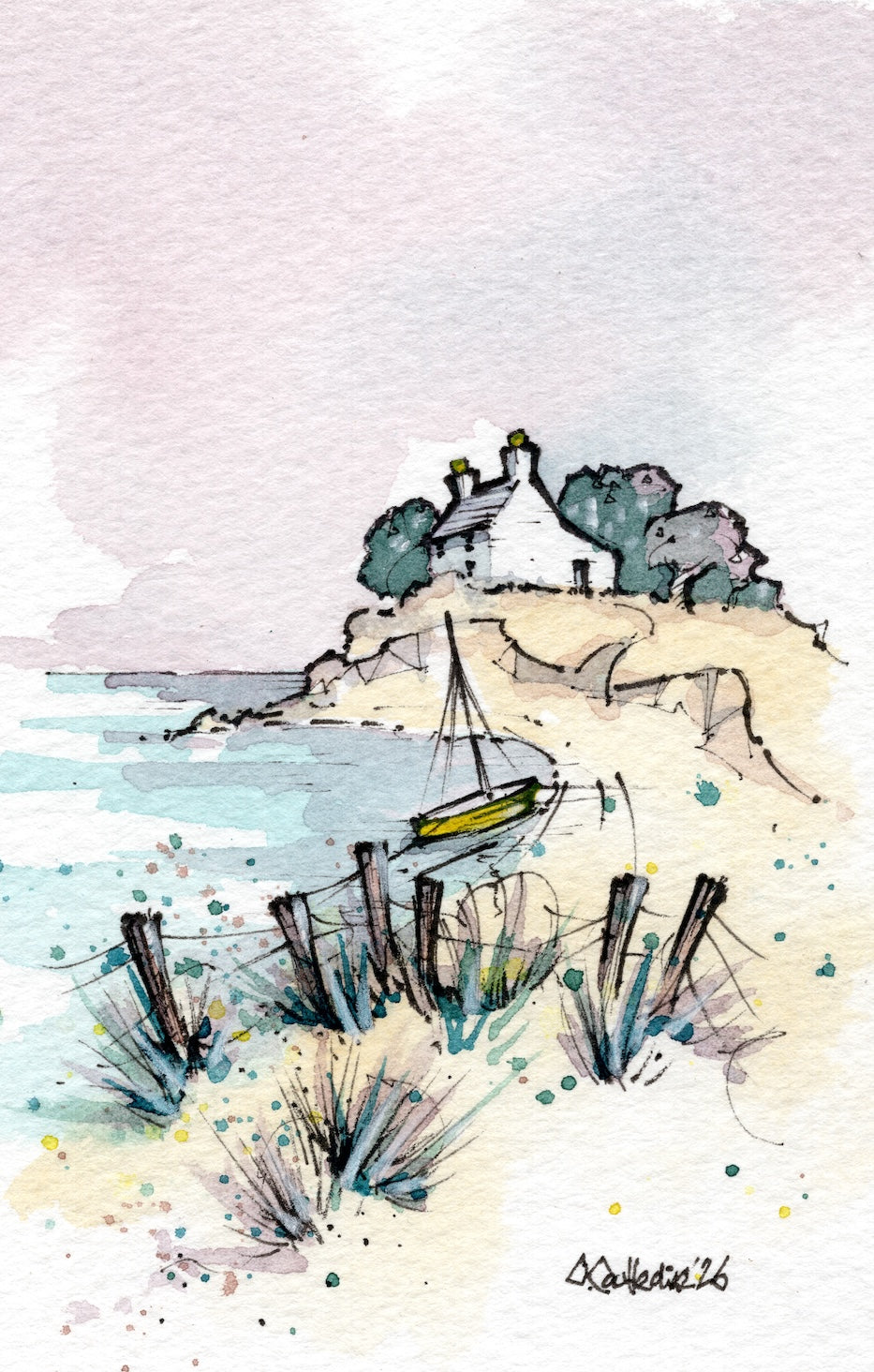 Watercolor painting of a coastal landscape with a small house on a rocky headland, a sailboat on the water, and beach grasses in the foreground, signed in the lower right corner.