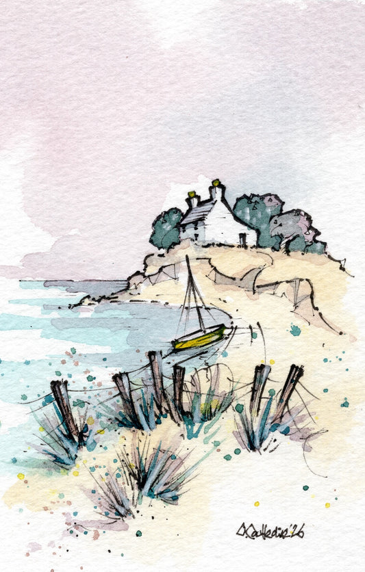 Watercolor painting of a coastal landscape with a small house on a rocky headland, a sailboat on the water, and beach grasses in the foreground, signed in the lower right corner.
