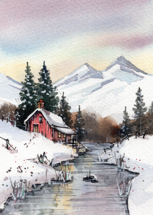 Mountain cabin reflected in frozen creek - ORIGINAL, MOUNTED