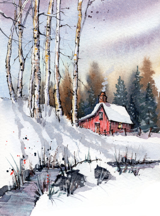 Cabin Beyond the Birch Trees - ORIGINAL ART, Mounted