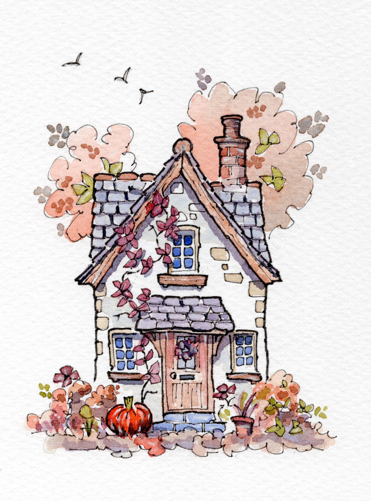 Cosy Halloween Home — Original Ink & Watercolour Illustration
