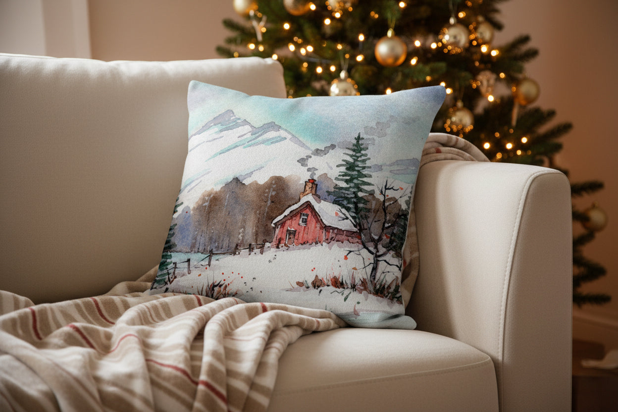 Red Cabin In The Snow Cushion - Cosy Winter Art Print