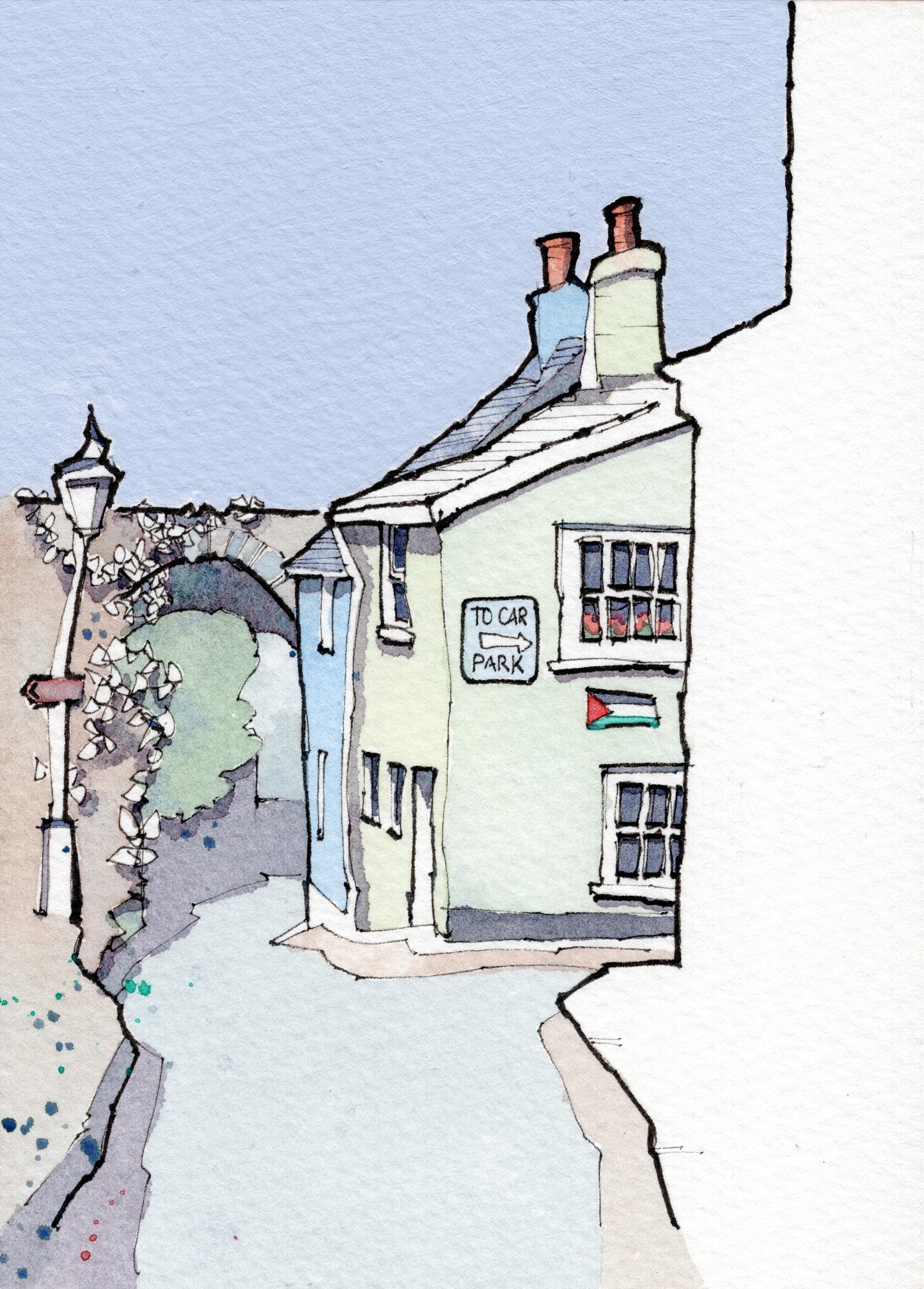 Free Palestine House, Castle Street, Totnes — Original A6 Mixed Media, Double Mounted