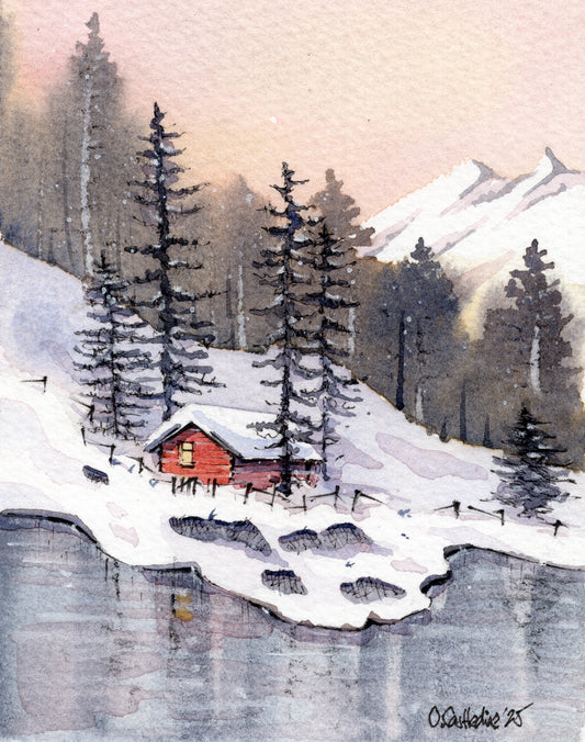 Cosy Lakeside Mountain Cabin, imagined works - ORIGINAL ART MOUNTED