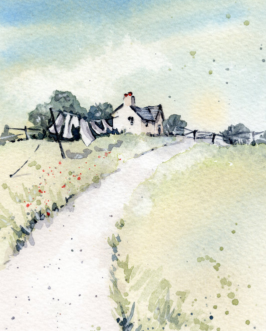 Windy Wash Day - Pure Watercolour Original Springtime Art, MOUNTED